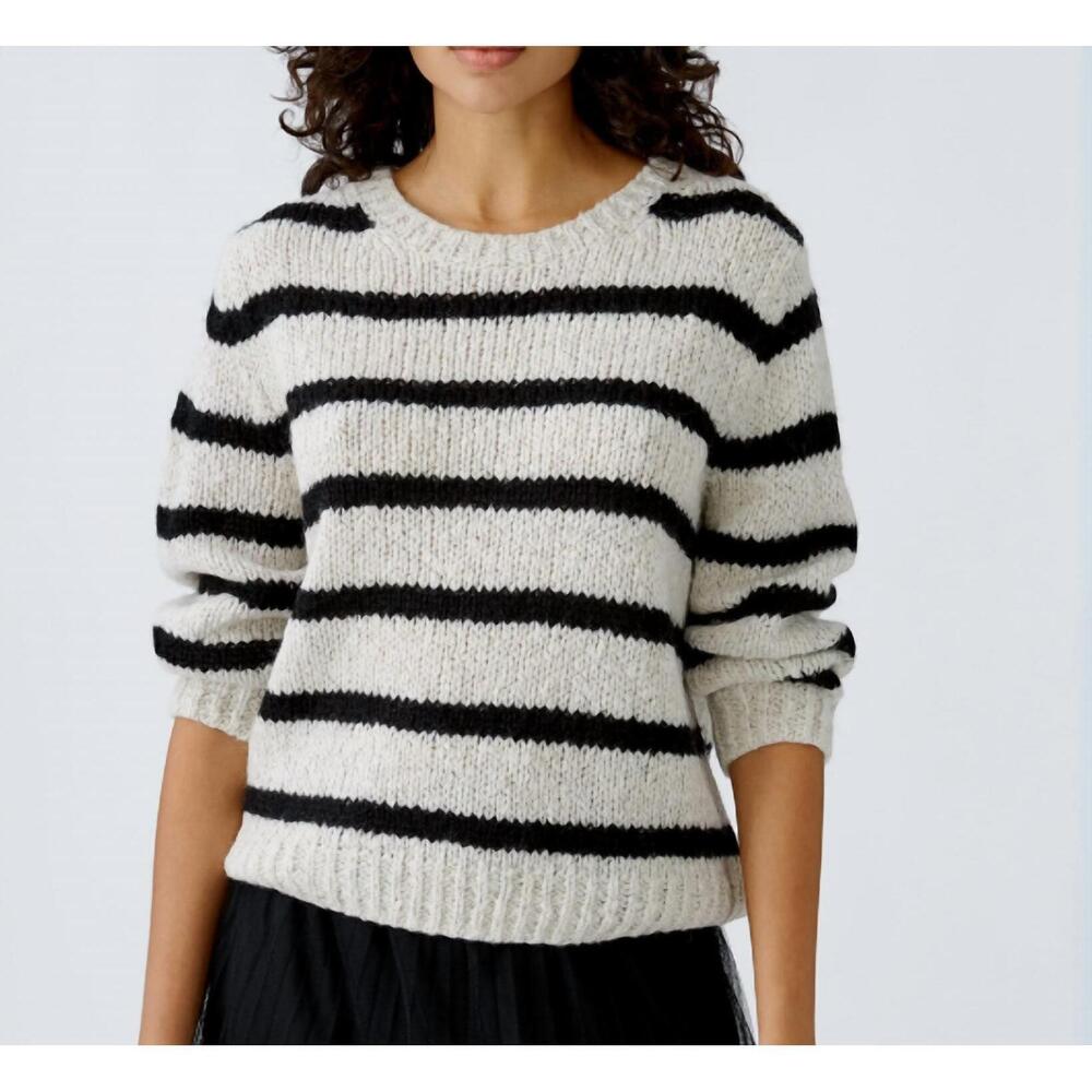 NEW OUI stripe crew sweater in light camel grey